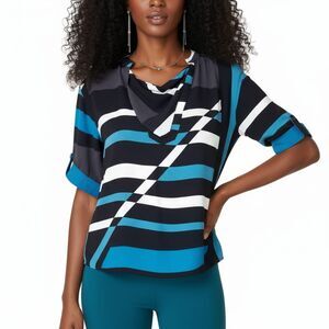 Derek Lam for Design Nation Abstract Geometric Teal & Black Striped Blouse Sz L